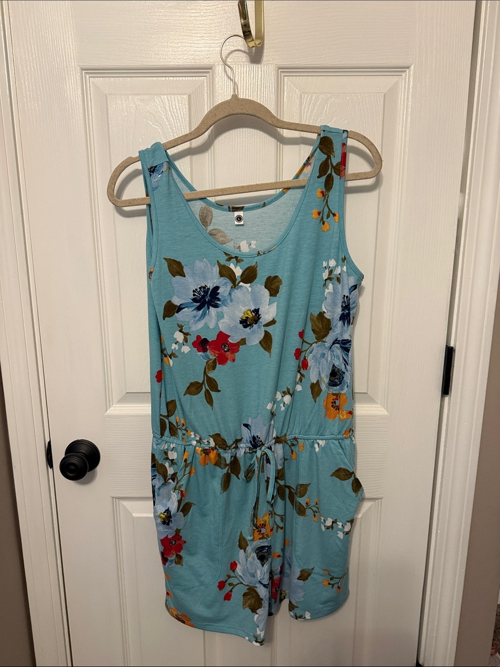 Women Floral Drawstring Romper in Light Teal